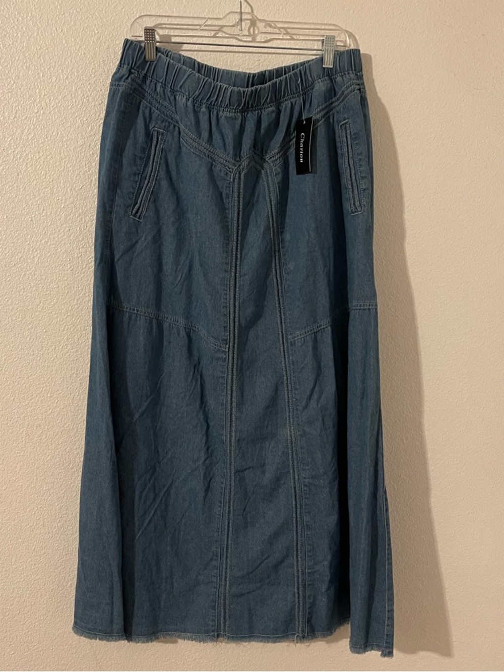 Chartou Women’s XXL A Line Maxi Skirt Denim Raw Hem Stretchy Waist and Pockets